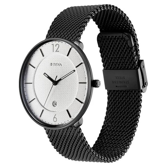 Titan Minimals White Analog with Date Stainless Steel Strap watch for Men nu1849nm01