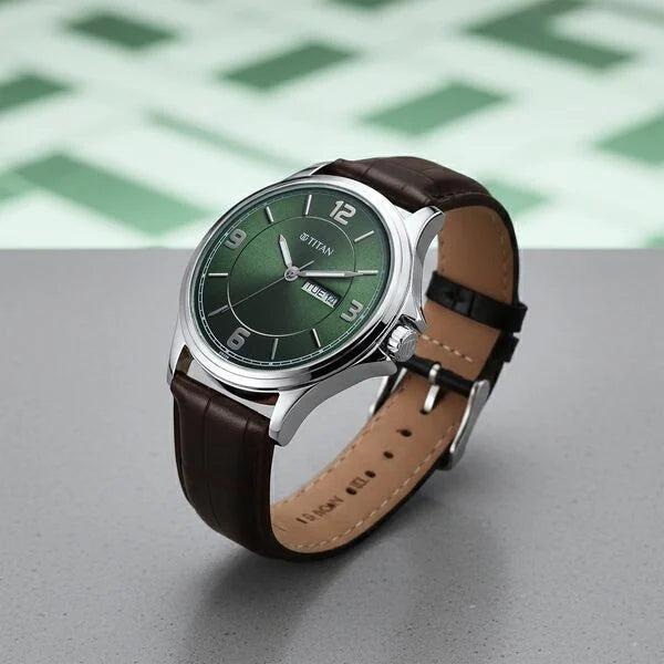 Titan Neo Arabic Analog with Day Date Green Dial Brown Leather Strap Watch for Men 1870sl12