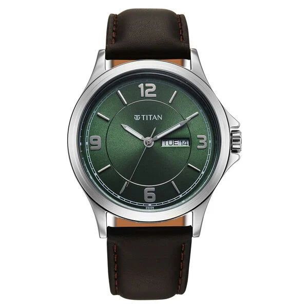 Titan Neo Arabic Analog with Day Date Green Dial Brown Leather Strap Watch for Men 1870sl12