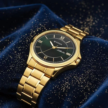 Titan Karishma Quartz Analog with Day and Date Green Dial Golden Stainless Steel Strap Watch For Men 1870ym01