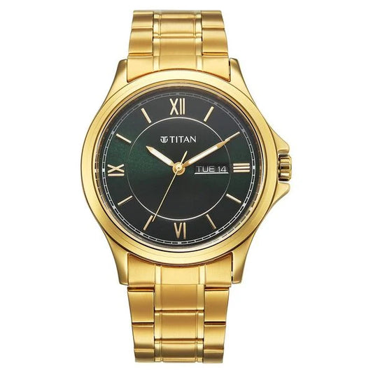 Titan Karishma Quartz Analog with Day and Date Green Dial Golden Stainless Steel Strap Watch For Men 1870ym01
