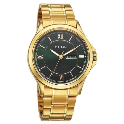 Titan Karishma Quartz Analog with Day and Date Green Dial Golden Stainless Steel Strap Watch For Men 1870ym01