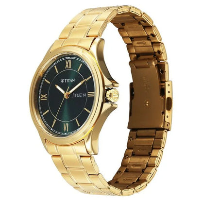 Titan Karishma Quartz Analog with Day and Date Green Dial Golden Stainless Steel Strap Watch For Men 1870ym01