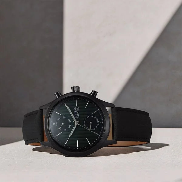 Titan Sapphire Multifunction Quartz Analog with Day and Date Green Dial Leather Strap Watch for Men nu1874nl01