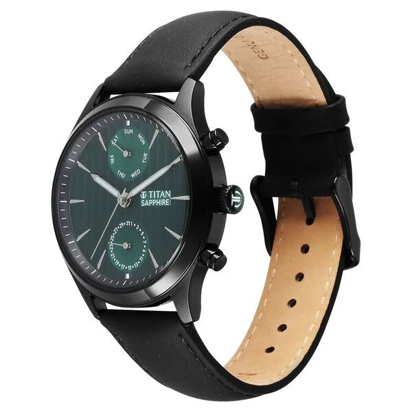 Titan Sapphire Multifunction Quartz Analog with Day and Date Green Dial Leather Strap Watch for Men nu1874nl01