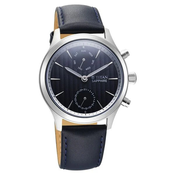 Titan Sapphire Multifunction Quartz Analog with Day and Date Blue Dial Leather Strap Watch for Men nt1874sl02