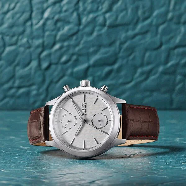 Titan Sapphire Multifunction Quartz Analog with Day and Date White Dial Leather Strap Watch for Men nt1874sl03