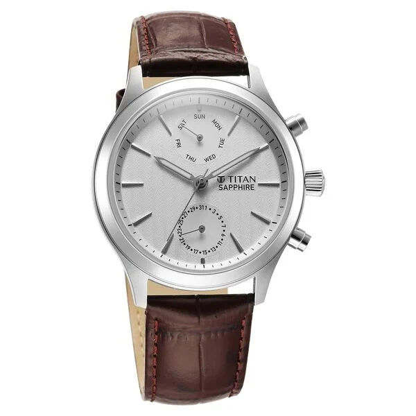 Titan Sapphire Multifunction Quartz Analog with Day and Date White Dial Leather Strap Watch for Men nt1874sl03