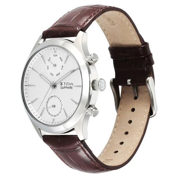 Titan Sapphire Multifunction Quartz Analog with Day and Date White Dial Leather Strap Watch for Men nt1874sl03