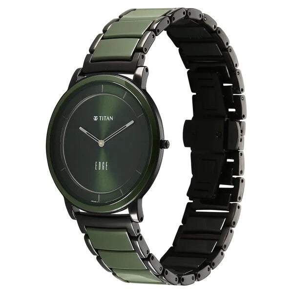 Titan Edge Melange Slim Steel & Ceramic Strap Green Dial Analog Watch For Men NU1878KD05