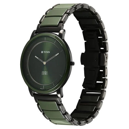 Titan Edge Melange Slim Steel & Ceramic Strap Green Dial Analog Watch For Men NU1878KD05