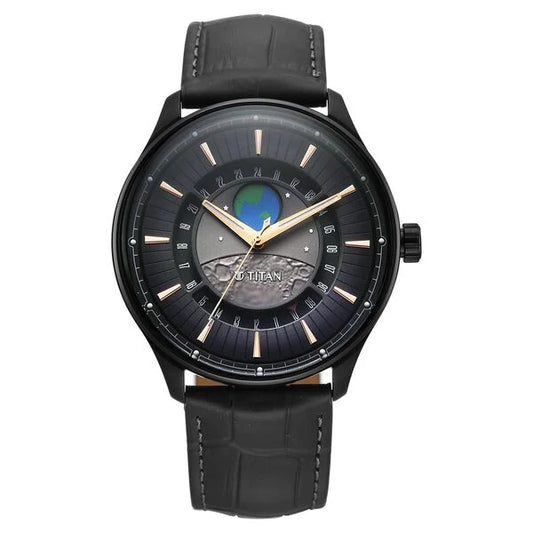 Titan Stellar Analog with Earth Disc and Gray Dial Gray Leather Strap Watch for Men 1890nl01