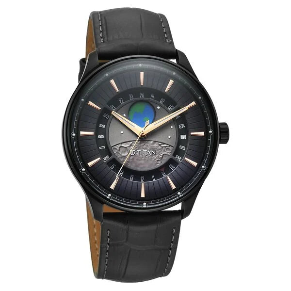 Titan Stellar Analog with Earth Disc and Gray Dial Gray Leather Strap Watch for Men 1890nl01