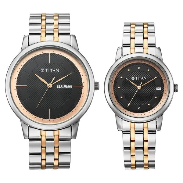 Titan Bandhan Eternal Pair Analog with Date and Black Dial Dual Tone Stainless Steel Strap Watch for Couples 19672967km01