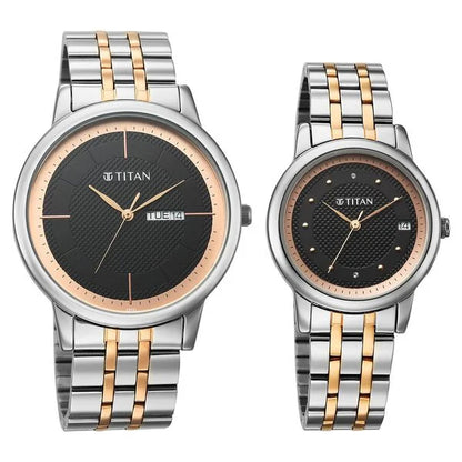 Titan Bandhan Eternal Pair Analog with Date and Black Dial Dual Tone Stainless Steel Strap Watch for Couples 19672967km01