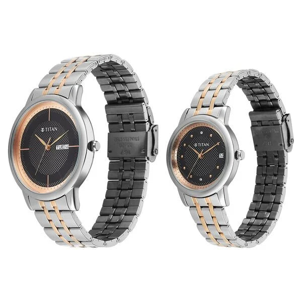 Titan Bandhan Eternal Pair Analog with Date and Black Dial Dual Tone Stainless Steel Strap Watch for Couples 19672967km01