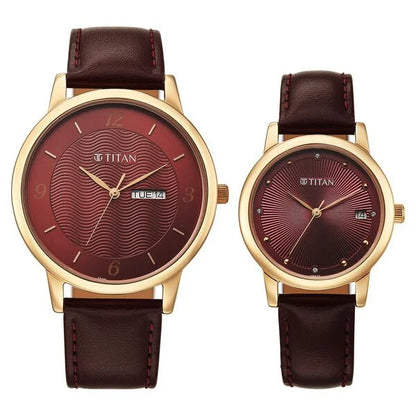 Titan Bandhan Eternal Pair Analog with Date and Maroon Dial Maroon Leather Strap Watch for Couples 19672967wl01