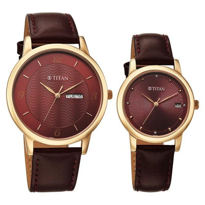 Titan Bandhan Eternal Pair Analog with Date and Maroon Dial Maroon Leather Strap Watch for Couples 19672967wl01