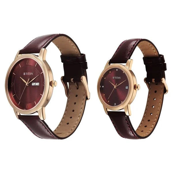 Titan Bandhan Eternal Pair Analog with Date and Maroon Dial Maroon Leather Strap Watch for Couples 19672967wl01