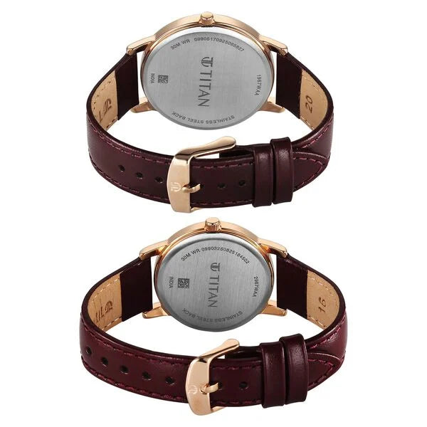 Titan Bandhan Eternal Pair Analog with Date and Maroon Dial Maroon Leather Strap Watch for Couples 19672967wl01