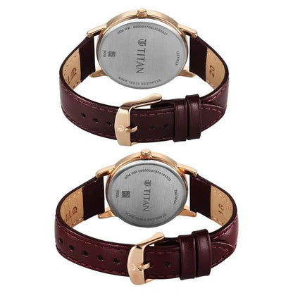Titan Bandhan Eternal Pair Analog with Date and Maroon Dial Maroon Leather Strap Watch for Couples 19672967wl01