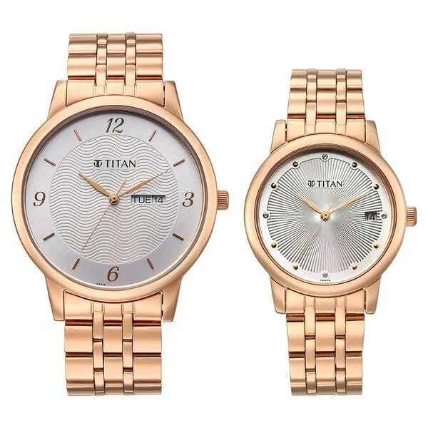 Titan Bandhan Eternal Pair Analog with Date and Silver Dial Rose Gold Stainless Steel Strap Watch for Couples 19672967wm01