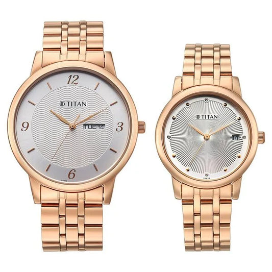 Titan Bandhan Eternal Pair Analog with Date and Silver Dial Rose Gold Stainless Steel Strap Watch for Couples 19672967wm01