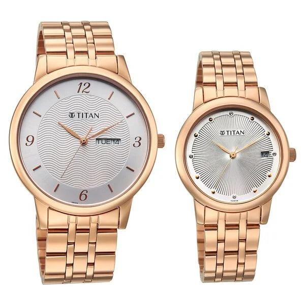 Titan Bandhan Eternal Pair Analog with Date and Silver Dial Rose Gold Stainless Steel Strap Watch for Couples 19672967wm01