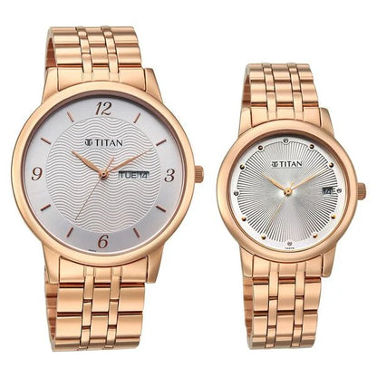 Titan Bandhan Eternal Pair Analog with Date and Silver Dial Rose Gold Stainless Steel Strap Watch for Couples 19672967wm01