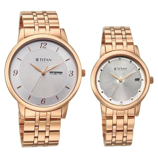 Titan Bandhan Eternal Pair Analog with Date and Silver Dial Rose Gold Stainless Steel Strap Watch for Couples 19672967wm01