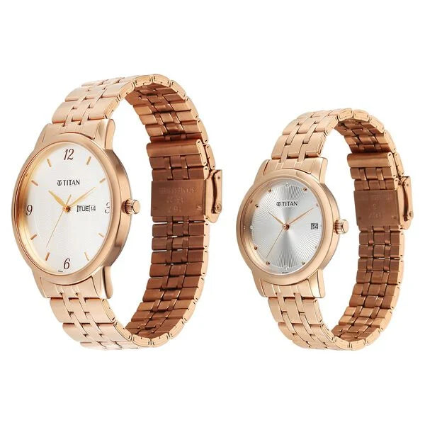 Titan Bandhan Eternal Pair Analog with Date and Silver Dial Rose Gold Stainless Steel Strap Watch for Couples 19672967wm01