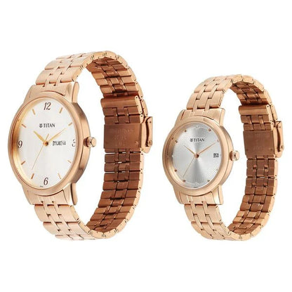 Titan Bandhan Eternal Pair Analog with Date and Silver Dial Rose Gold Stainless Steel Strap Watch for Couples 19672967wm01