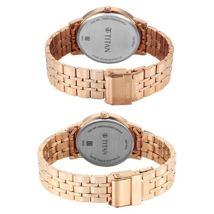Titan Bandhan Eternal Pair Analog with Date and Silver Dial Rose Gold Stainless Steel Strap Watch for Couples 19672967wm01