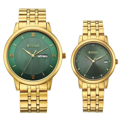Titan Bandhan Eternal Pair Analog with Date and Green Dial Yellow Gold Stainless Steel Strap Watch for Couples 19672967ym01