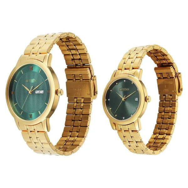 Titan Bandhan Eternal Pair Analog with Date and Green Dial Yellow Gold Stainless Steel Strap Watch for Couples 19672967ym01