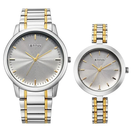 Titan Bandhan Eternal Pair Analog with Silver Dial Dual Tone Stainless Steel Strap Watch for Couples