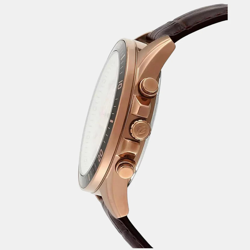 Casio Edifice Men Quartz Rose Gold Dial Chronograph Leather Watch EX359