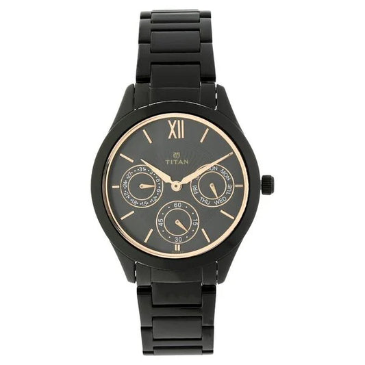 Titan Quartz Analog with Day and Date Black Dial Stainless Steel Strap Watch for Women nt2570nm01
