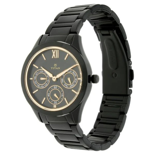 Titan Quartz Analog with Day and Date Black Dial Stainless Steel Strap Watch for Women nt2570nm01