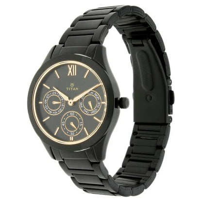 Titan Quartz Analog with Day and Date Black Dial Stainless Steel Strap Watch for Women nt2570nm01