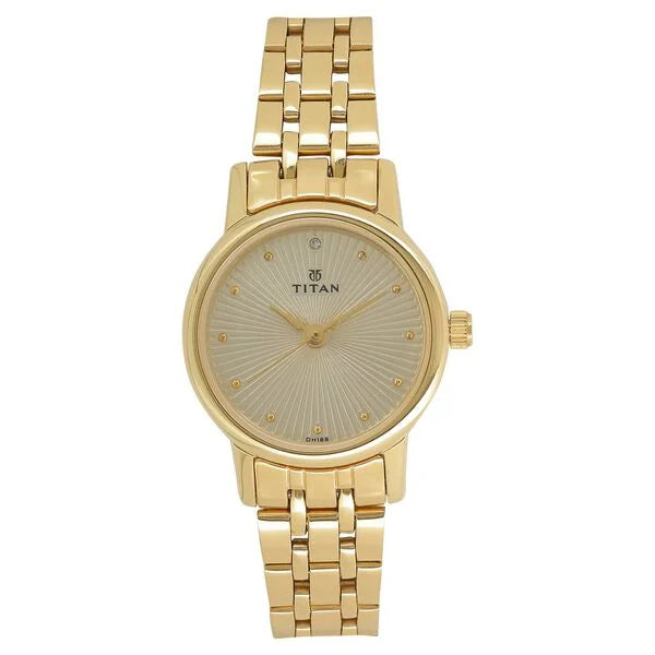Titan Quartz Analog Champagne Round Dial Golden Stainless Steel Strap Watch For Women nt2593ym01