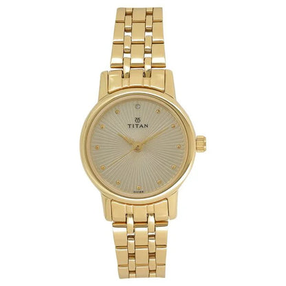 Titan Quartz Analog Champagne Round Dial Golden Stainless Steel Strap Watch For Women nt2593ym01