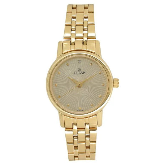 Titan Quartz Analog Champagne Round Dial Golden Stainless Steel Strap Watch For Women nt2593ym01