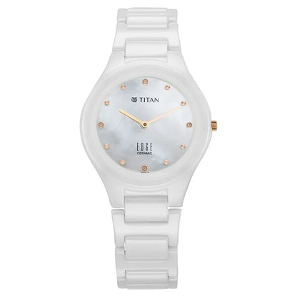 Titan Edge Ceramic Quartz in Arctic White with Diamonds and Rich Mother Of Pearl Dial Watch for Women NU2653KC03