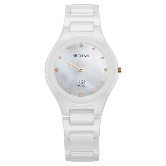 Titan Edge Ceramic Quartz in Arctic White with Diamonds and Rich Mother Of Pearl Dial Watch for Women NU2653KC03
