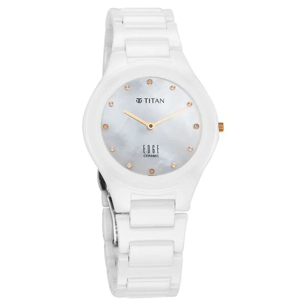 Titan Edge Ceramic Quartz in Arctic White with Diamonds and Rich Mother Of Pearl Dial Watch for Women NU2653KC03