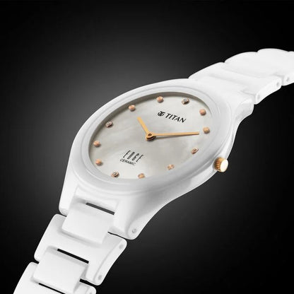 Titan Edge Ceramic Quartz in Arctic White with Diamonds and Rich Mother Of Pearl Dial Watch for Women NU2653KC03