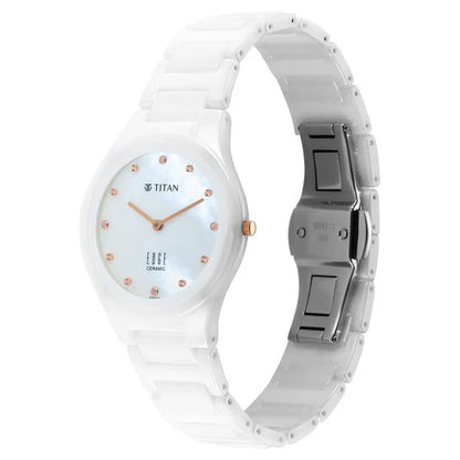 Titan Edge Ceramic Quartz in Arctic White with Diamonds and Rich Mother Of Pearl Dial Watch for Women NU2653KC03
