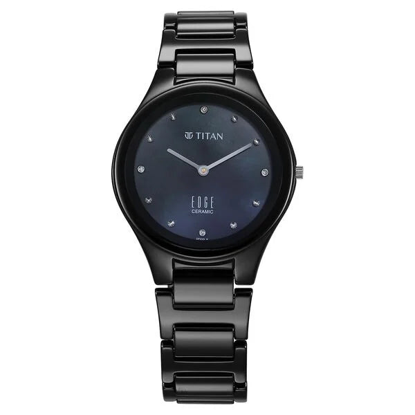 Titan Edge Ceramic Quartz in Glossy Black with Diamonds and Rich Mother of Pearl Dial Watch for Women NU2653NC02