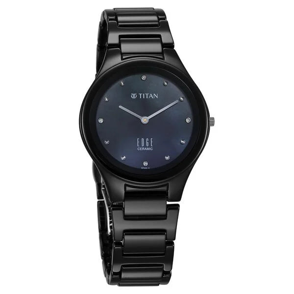Titan Edge Ceramic Quartz in Glossy Black with Diamonds and Rich Mother of Pearl Dial Watch for Women NU2653NC02